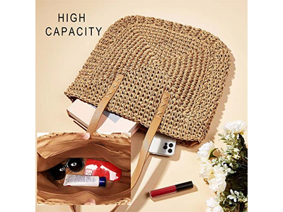 Bolsa Cesta de Palha Preta Impressão Personalizada Estilo Francês Praia Ecológica com Fita