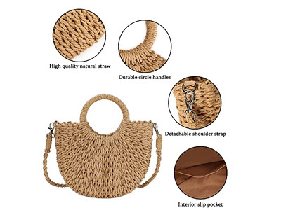 Bolsa de Palha de Nicho Bolsas de Palma Papel Pérola Telefone Simples Rattan Formato Redondo Concha Pequena