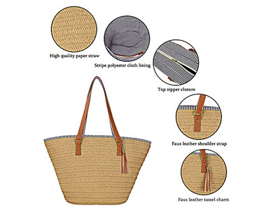 Bolsa de Mão de Palha para Mulheres Bolsa de Praia de Trigo Mulher Tecida Bolsas Boho com Alça de Madeira